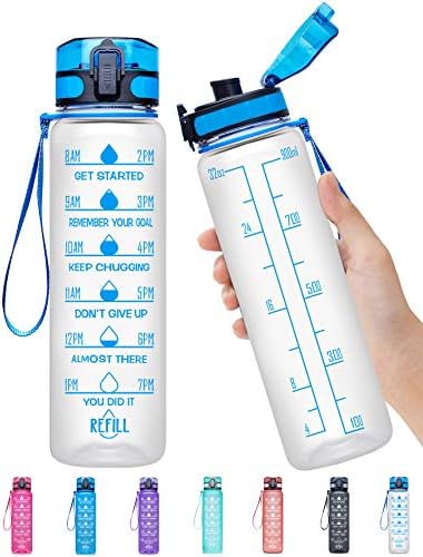 Elvira 32oz Motivational Fitness Sports Water Bottle with Time Marker & Removable Strainer,Fast Flow,Flip Top Leakproof Durable BPA Free Non-Toxic-Transparent-Blue