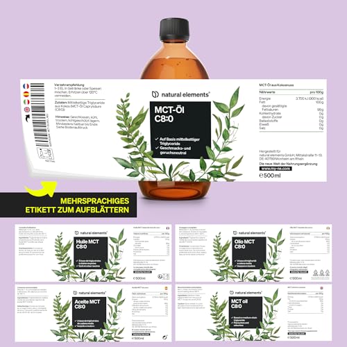 natural elements MCT-Öl C8 – 500ml für deine Keto-Diät – 100% Kokosöl – für ketogene Ernährung – geschmacks- und geruchsneutral – vegan, ohne unnötige Zusätze – exogene Ketone – laborgeprüfte Qualität
