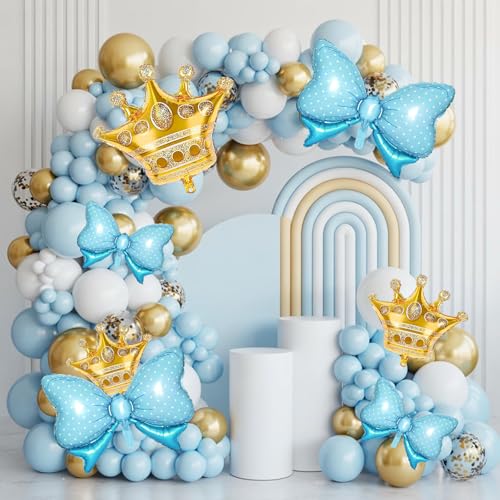 Image of 10pcs Gold Crown Balloons And Blue Bow Balloon, Light Blue Bows Balloons, Large Gold Crown Foil Balloon With Two Sizes For Birthday Baby Shower Theme Party Wedding Bridal Shower Decor