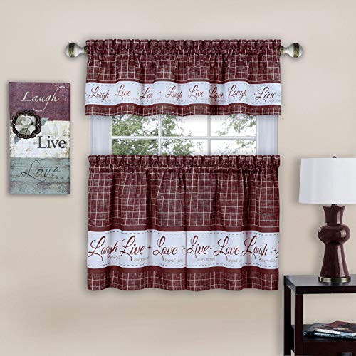 Image of GoodGram Country Gingham Check Live~Laugh~Love 3 Pc. Cafe Plaid Kitchen Curtain Set - Assorted Colors & Sizes (Burgundy, 36 in. L)