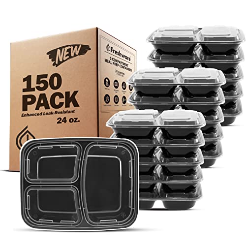 Image of Freshware Meal Prep Containers [150 Pack] 3 Compartment with Lids, Food Storage Containers, Bento Box, BPA Free, Stackable, Microwave /Dishwasher /Freezer Safe (24 oz)