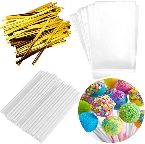 300PCS Lollipop Cake Pop Treat Bag Set Including 100pcs Parcel Bags, 100pcs Papery Treat Sticks, 100pcs Gold Metallic Twist Ties for Making Lollipops, Cake Pops, Candies, Chocolates and Cookies