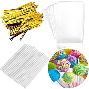 300PCS Lollipop Cake Pop Treat Bag Set Including 100pcs Parcel Bags, 100pcs Papery Treat Sticks, 100pcs Gold Metallic Twist Ties for Making Candies, Chocolates and Cookies