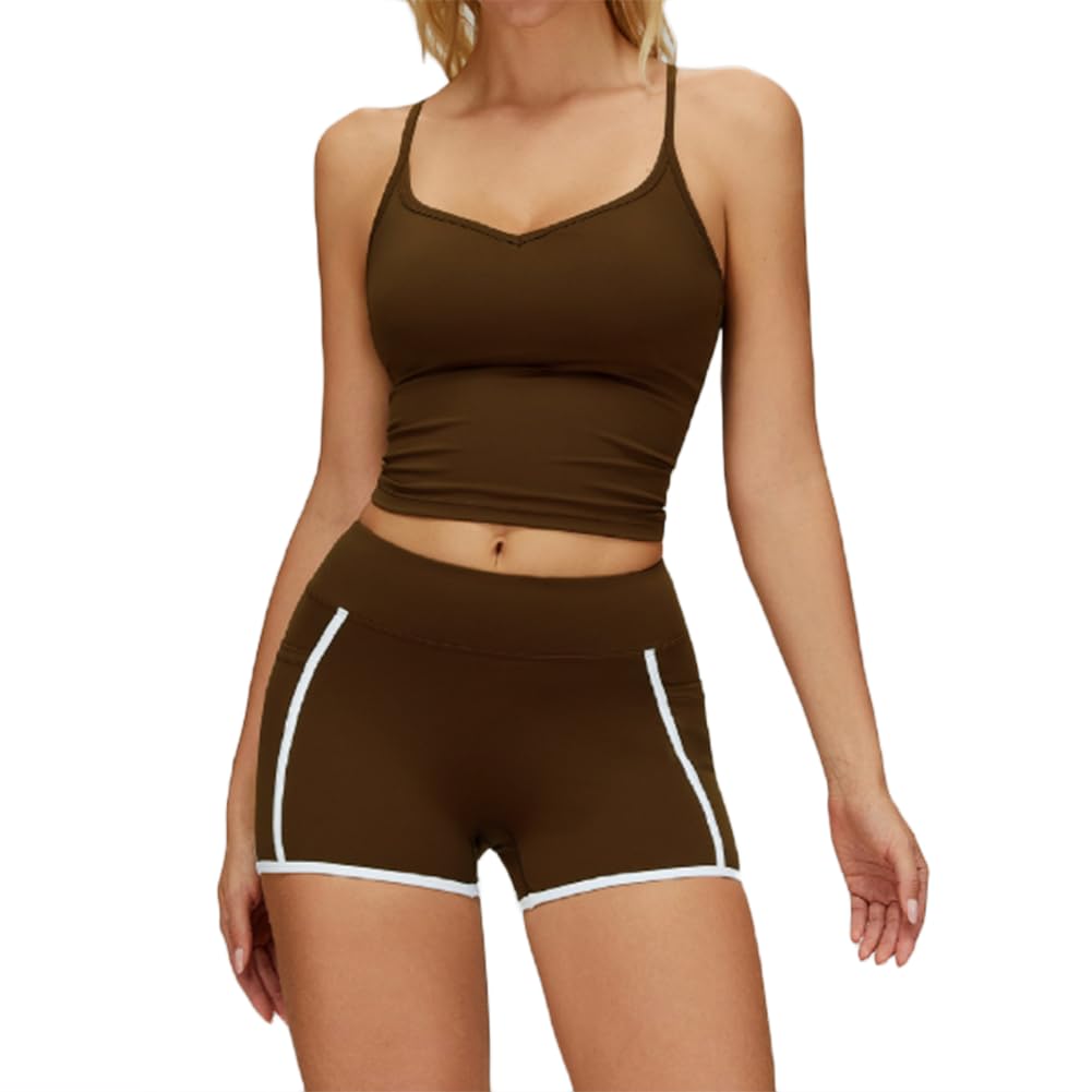 JPXJGT Women Breathable Fashionable Workout Quick Dry Compression Two Tone Sporty Tank Top and Shorts Set(Size:L,Color:Brown)
