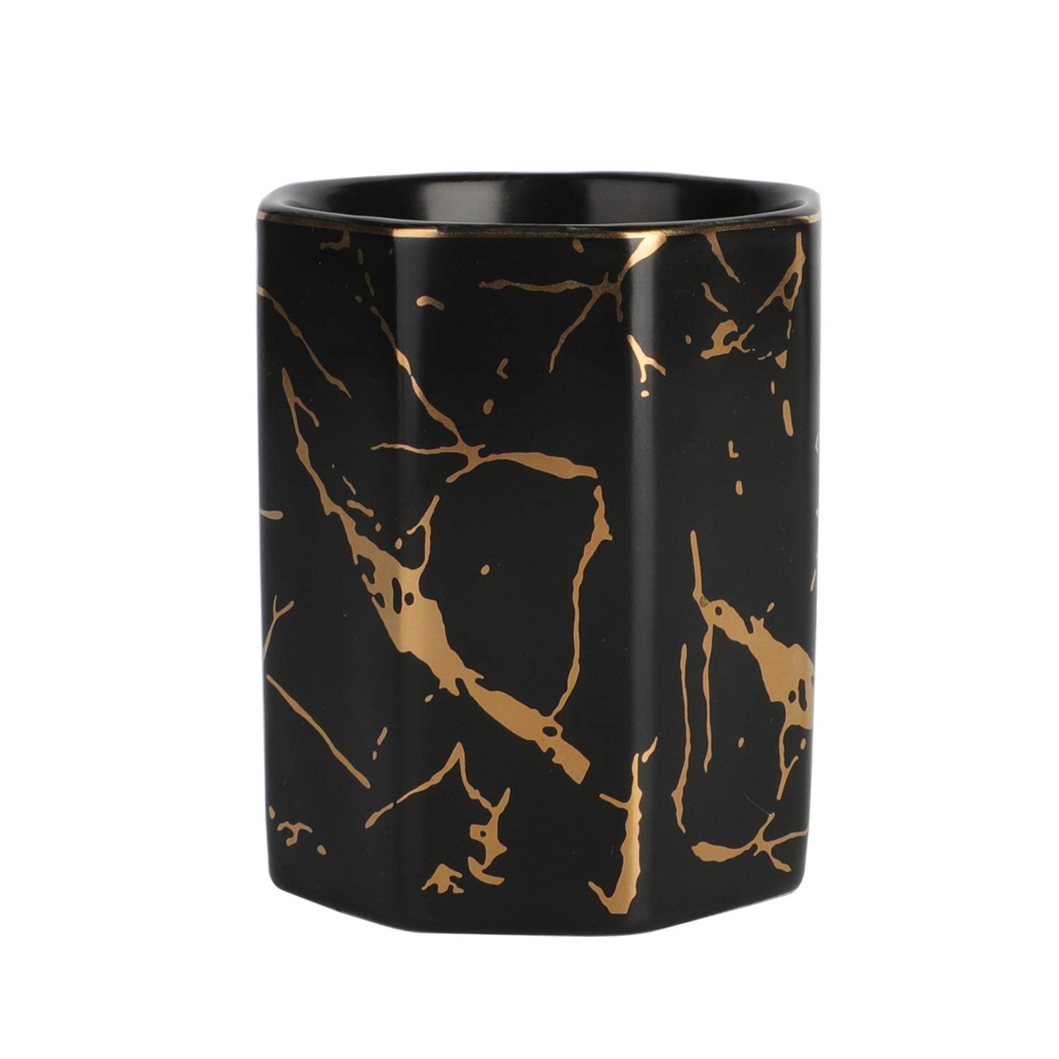 KASTWAVE Ceramic Desk Pen Holder, Stand Golden Pattern Cute Pencil Cup Pot Desk Organizer (Black)