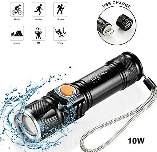 LEACOCO Flashlights Led Bright Mini USB Rechargeable Camping Flashlights with Lanyard Adjustable Focus and 5 Light Mode Outdoor Water Resistant for Camping Hiking and Emergency etc. (Black)