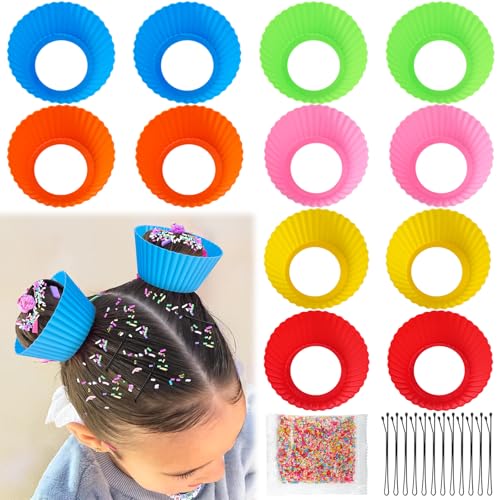 XANGNIER Hair Accessories Kits for Girls Women Kids 12 Pcs Cupcake Liners Hair Accessories Decorations for Crazy Day with 12 Clips and Silicone Decorative Granules
