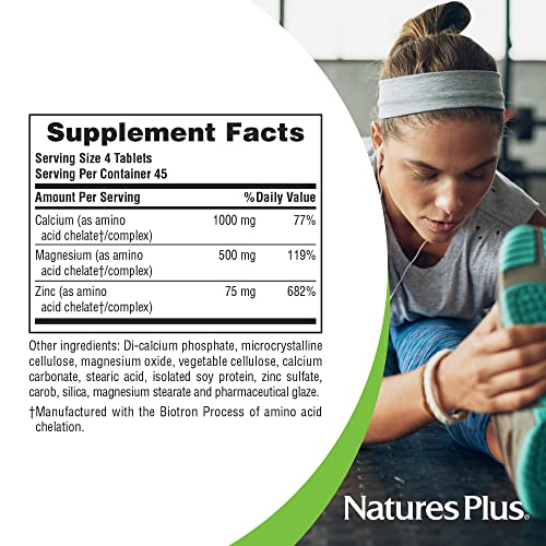 Naturesplus Cal/Mag/Zinc - 1,000 Mg Calcium, 500 Mg Magnesium, 75 Mg Zinc - 180 Vegetarian Tablets - Multi Mineral Supplement, Supports Bone, Heart & Immune Health - Gluten-Free - 45 Servings #TOP4