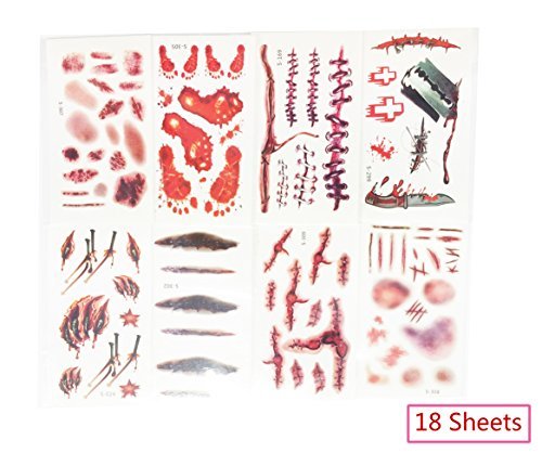 Billmill Halloween Tattoos , Halloween Zombie Scars Props Vampire Simulate Fake Body Tattoo Wounds Bloody Stickers Temporary Tattoos Makeup for Halloween Party Cosplay (18 Sheets)