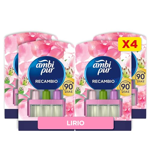 Ambipur 3Volution Lirio y Brisa Recambio De Ambientador Electrico 80ml, 3 Aromas Que Se Alternan Para Eliminar Olores, 4 Recambios