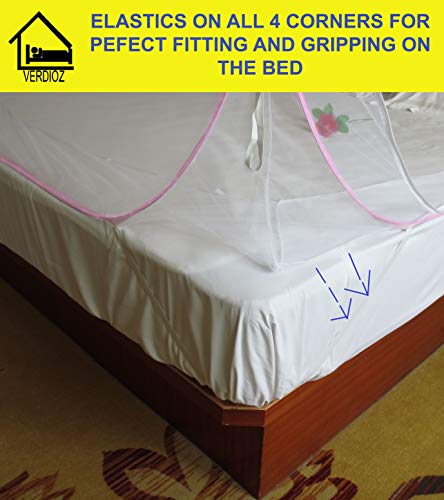 Image of VERDIOZ WITH DEVICE Double Bed Foldable King Size Mosquito Net Machardani for Adult | Kids | Baby, Corrosion Free Steel Wire, 30 GSM Bright White Net and Saviour Kit -(200X200X145 Cm, Pink)