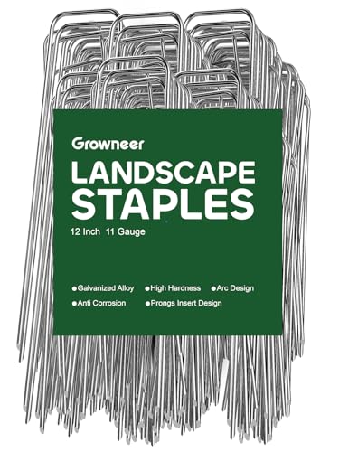 GROWNEER 50 Pack Landscape Staples 12 Inch 11 Gauge Heavy Duty Hot-Dip Galvanized Steel Garden Stakes U-Shaped Weed Barrier Spikes Metal Ground Pins for Lawn and Yard Landscaping
