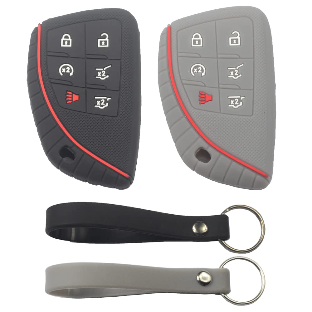2Pcs Rubber Silicone 6 Buttons Smart Key Fob Cover Case Protector Keyless with Keychain Compatible with Chevrolet Chevy Suburban Tahoe 2021 2022 2023 Black Gray