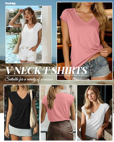 Image of Huukeay 3 Pack Women's V Neck Cap Sleeve T Shirts | Short Sleeve Basic Tees, Loose Fit Soft Tops for Women, Casual Lightweight Shirts, Everyday Summer Clothes