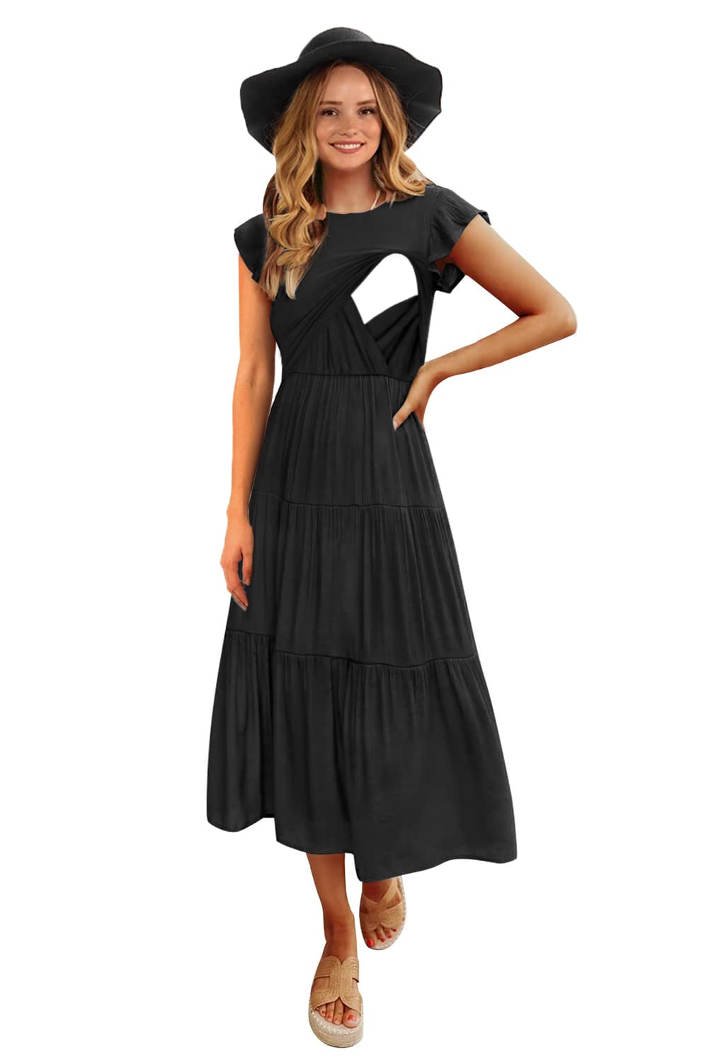 CzzzyL Womens Flutter Short Sleeve Smocked Tiered Nursing Dress