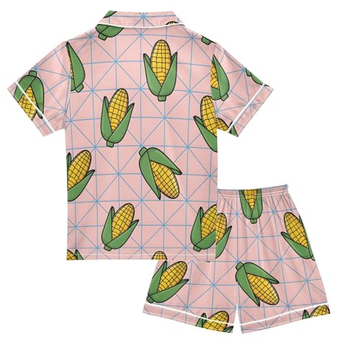 Satin Pajama Sets Short Sleeve Cartoon Corn Pink Background Button Down Silky Nightwear 2 Piece PJS 5-14Y2
