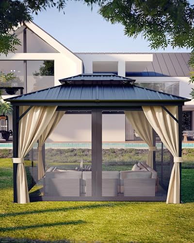 Hardtop Gazebo 10'x12' for All Weather, with Waterproof Double Metal Roof, Aluminum Alloy Frame, Net, and Curtain, Permanent Building for Patio, Deck, Backyard, Lawn, and Garden, Khaki