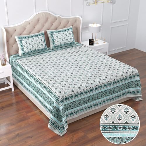 Image of Indian Hand Block Printed 200 TC Cotton Double Bedsheet with 2 Pillow Covers 90 by 100 Inches