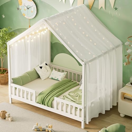 Image of Bellemave Full House BedFrame with Canopy, Montessori Floor Bed, House Bed with Rails for Kids, White