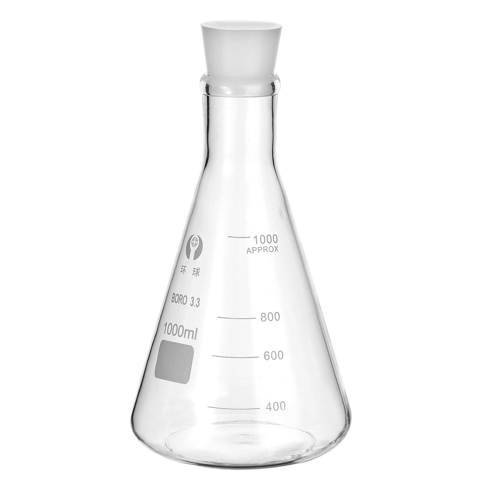 Matraz de Erlenmeyer, 2000ml Cuello Estrecho Vidrio de Borosilicato con Tapón de Silicona y Graduación Impresa(1,1000ml/33.8oz)