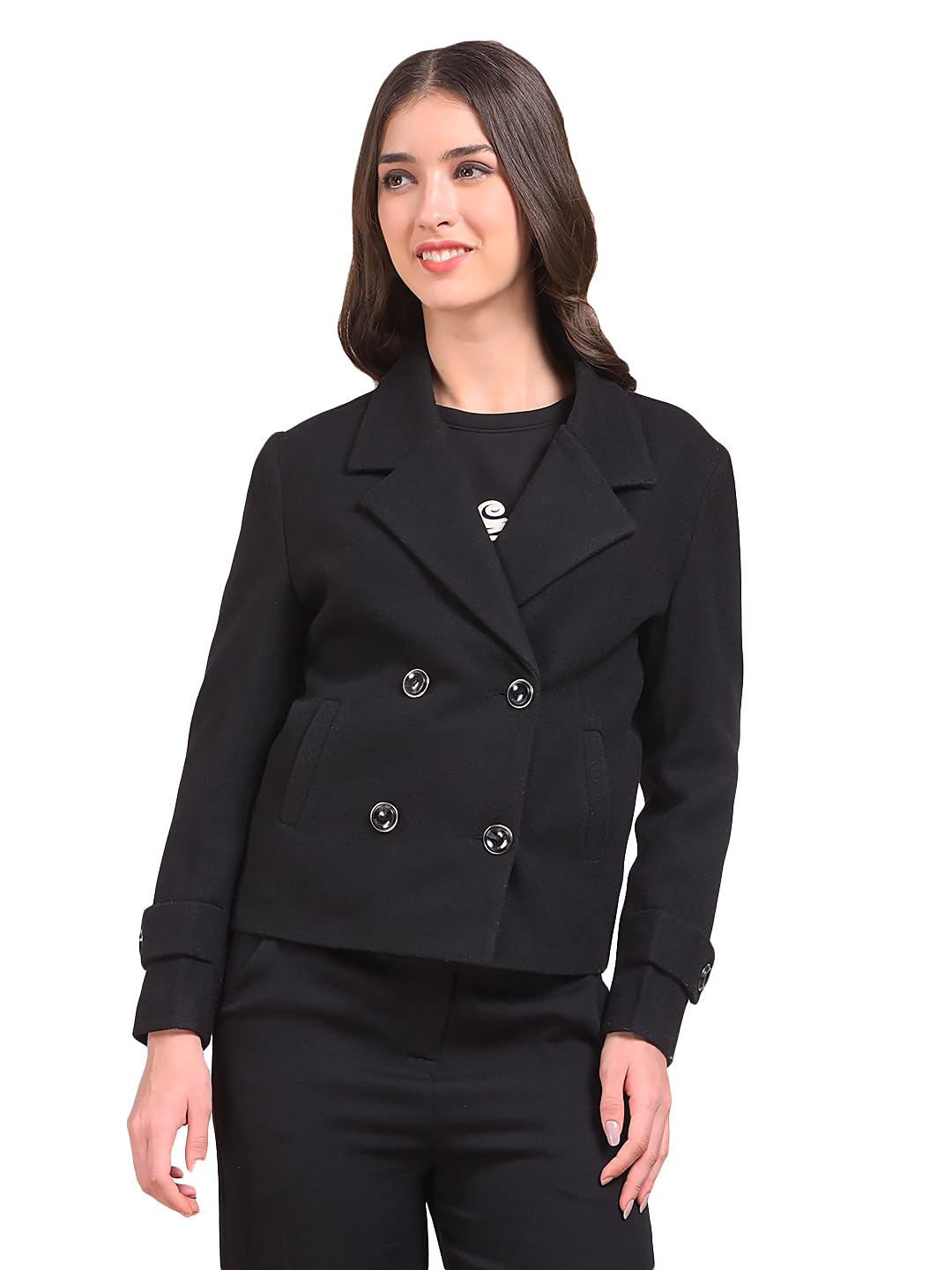 crimsoune club Women's Black Notched Lapel Double-Breasted Coat-picture-29