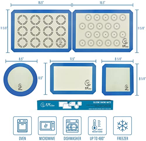 Silicone Baking Mat Set of 5-2 Half Sheets (Macaron & Cookie Circle On Mat) + 1 Quarter + 1 Round & 1 Square Size Silicone Baking Sheet - Nonstick & Easy to Clean - 100% Silicone Mats for Baking