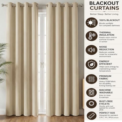 Image of 100% Blackout Window Curtains, 9 Feet, Solid Design, Faux Silk, Thermal Insulated, Noise Reducing Eyelet Door Curtain with Tie Back for Living Room & Bedroom, 115x274cm, Pack of 1 - Cream