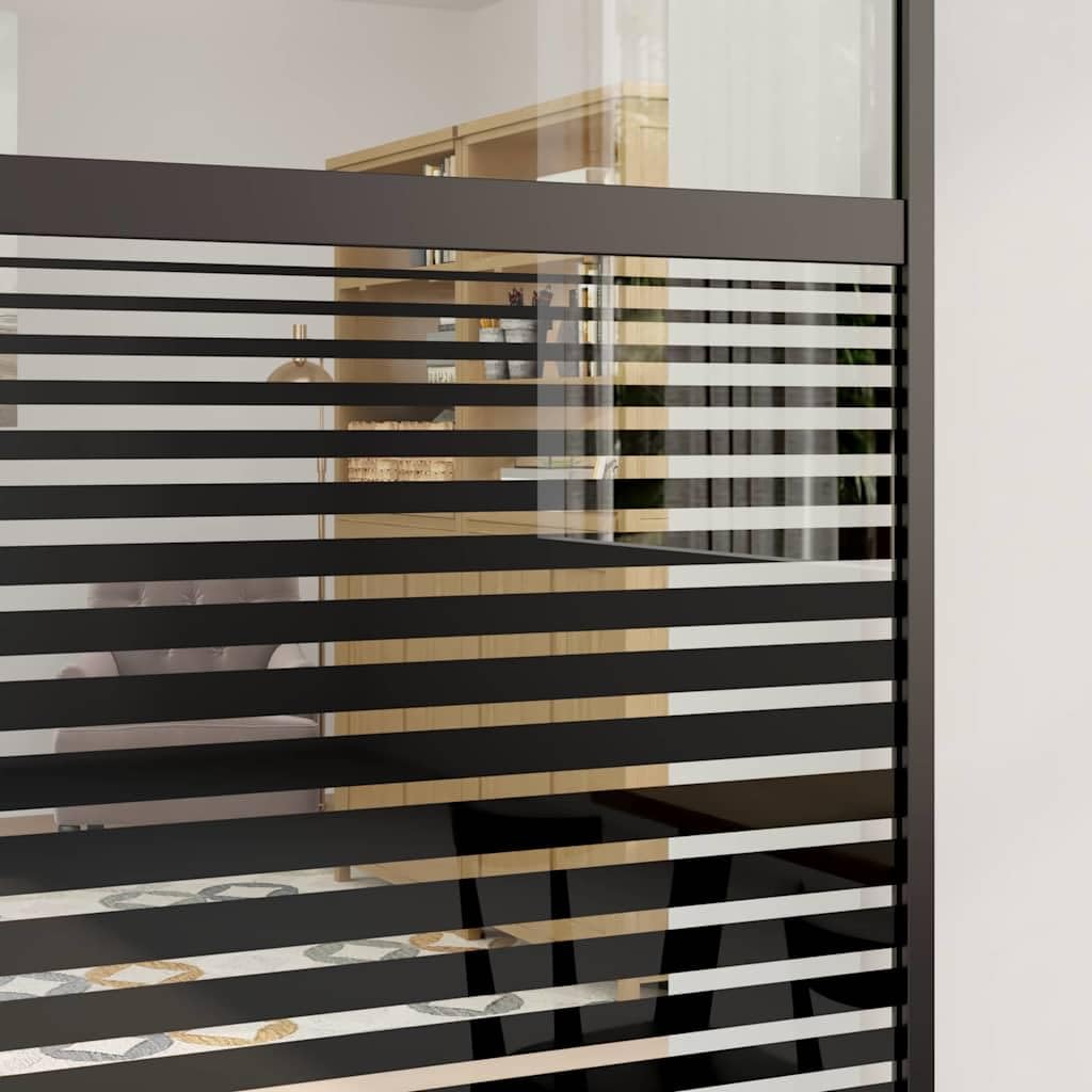Puerta corredera de aluminio y cristal a rayas negras, tamaño total 90 x 2 x 205 cm, con tope para puerta, para interior como separador de habitaciones en el salón