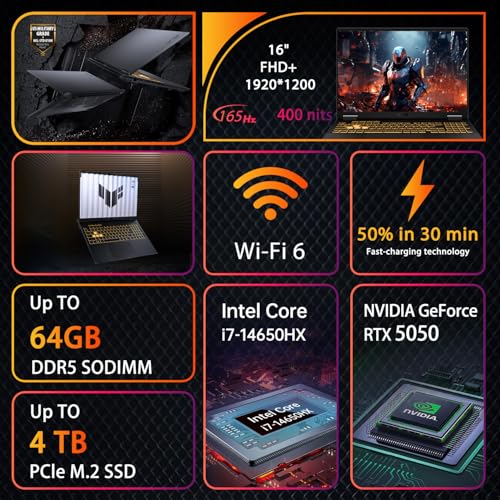 Image of ASUS TUF F16 RTX 5050 Gaming Laptop, Intel i7-14650HX, NVIDIA RTX 5050, RGB Backlit Keyboard, MUX Switch with NVIDIA Advanced Optimus, 64GB DDR5, 4TB SSD, Bundle TUF Gaming VP4700 Backpack