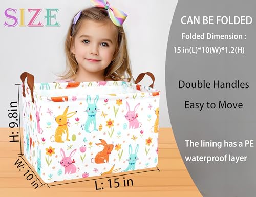 Image of Large Rectangular Easter Baskets Empty Waterproof Boy Toy Box Foldable Kid's Gifts Storage Bin Spring Room Decor(Flower Rabbit Egg)