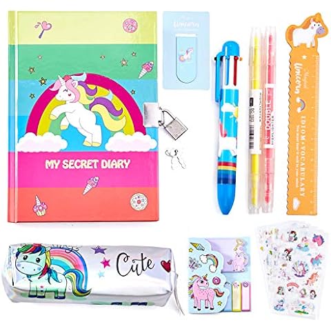 Paochocky 14 Pcs Rainbow Unicorn Stationery Set, Secret Diary Notebook, Pencil case, 6-in-1 Ballpoint Pen, 2 Highlighters, Ruler, Sticky Note, Bookmark and 6 Stickers Great Gifts for Girls Children Cover