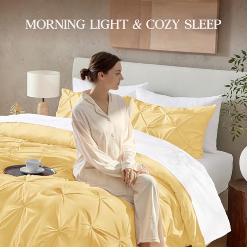 Image of Andency Full Pinch Pleat Comforter Set (79 inchx90 inch),3 Piece Lightweight Pintuck Bedding Comforters & Sets, Fluffy Down Alternative Comforter with 2 Pillow Shams for All Season,Yellow