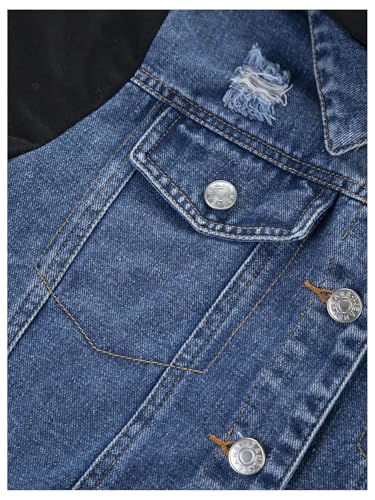 MakeMeChic Boy's Color Block Denim Jacket Hooded Long Sleeve Button Down Coat Outerwear4