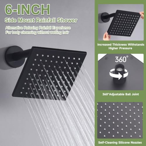 Image of Shower System Matte Black Dual Shower Head with Body Jets, Oupukle Four Modes Shower Faucet Set Ceiling Mount 12 inch Rain Shower Head & 6 inch Wall Mounted Head with 6PCS Body Jets