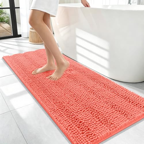 Image of OLANLY Thick Bathroom Runner Rugs 47x17, Extra Absorbent Chenille Striped Bath Rugs, Rubber Backing, Machine Wash Dry, Long Bath Mats for Bathroom Floor, Tub and Shower, Home Decor Accessories, Coral