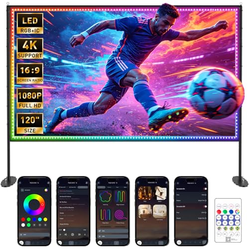 120 inch Outdoor Projection Screen with Stand Smart RGB+IC String Lights 4K 16:9 Wrinkle Wind Resistant Movie Screen Foldable Portable Projector Screen for Backyard Camping Home Theater