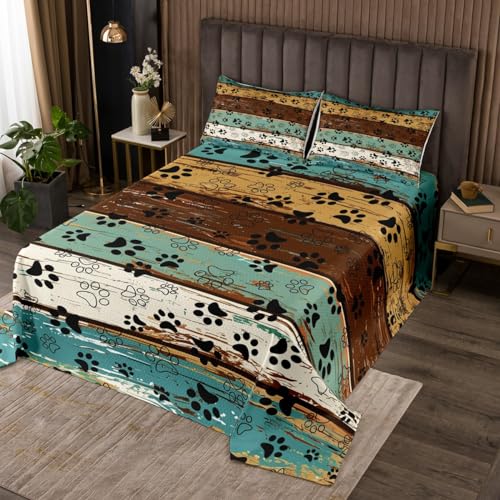 Manfei Dog Paw Print Bedspread Queen Size, Animal Theme Coverlet Set for Kids Boy Girls Room Decor, Farmhouse Blue Brown Wooden Plank Quilted Coverlet with 2 Pillowcases, Soft Polyester Bedding Quilt