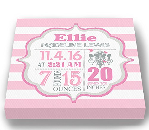 Personalized Stretched Canvas Birth Announcement Gift, Custom Baby Name, Date, Weight Stats, Newborn Chandelier Nursery Wall Art Decor, Wooden Frame Construction, Ready to Hang 16X16