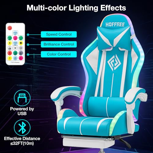 Image of RGB Gaming Chair with LED Lights Massage Game Chair with Footrest Ergonomic Computer Chair High Back Video Game Chair with Adjustable Lumbar Support Linkage Armrest Blue and White