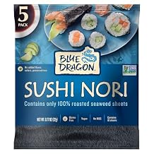 Blue Dragon Sushi Nori - 0.77oz Pack of 5 - No Artificial Flavors Or Preservatives - Made With 100% Roasted Seaweed Sheets - Vegan, Gluten Free Seaweed Wraps - Ideal For Sushi Rolls & Hand Rolls