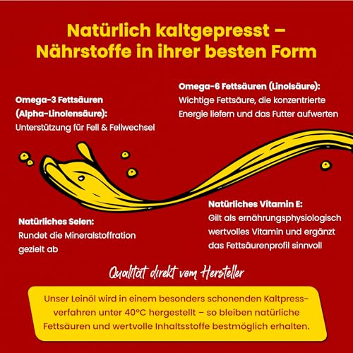 Scheidler horse-direkt Leinöl für Pferde, Hunde & Katzen 5 Liter – Mühlenfrisch kaltgepresstes Leinsamenöl ohne Zusätze – Reich an Omega 3 & 6 für Fellwechsel/Barf Öl – Aus Deutschland