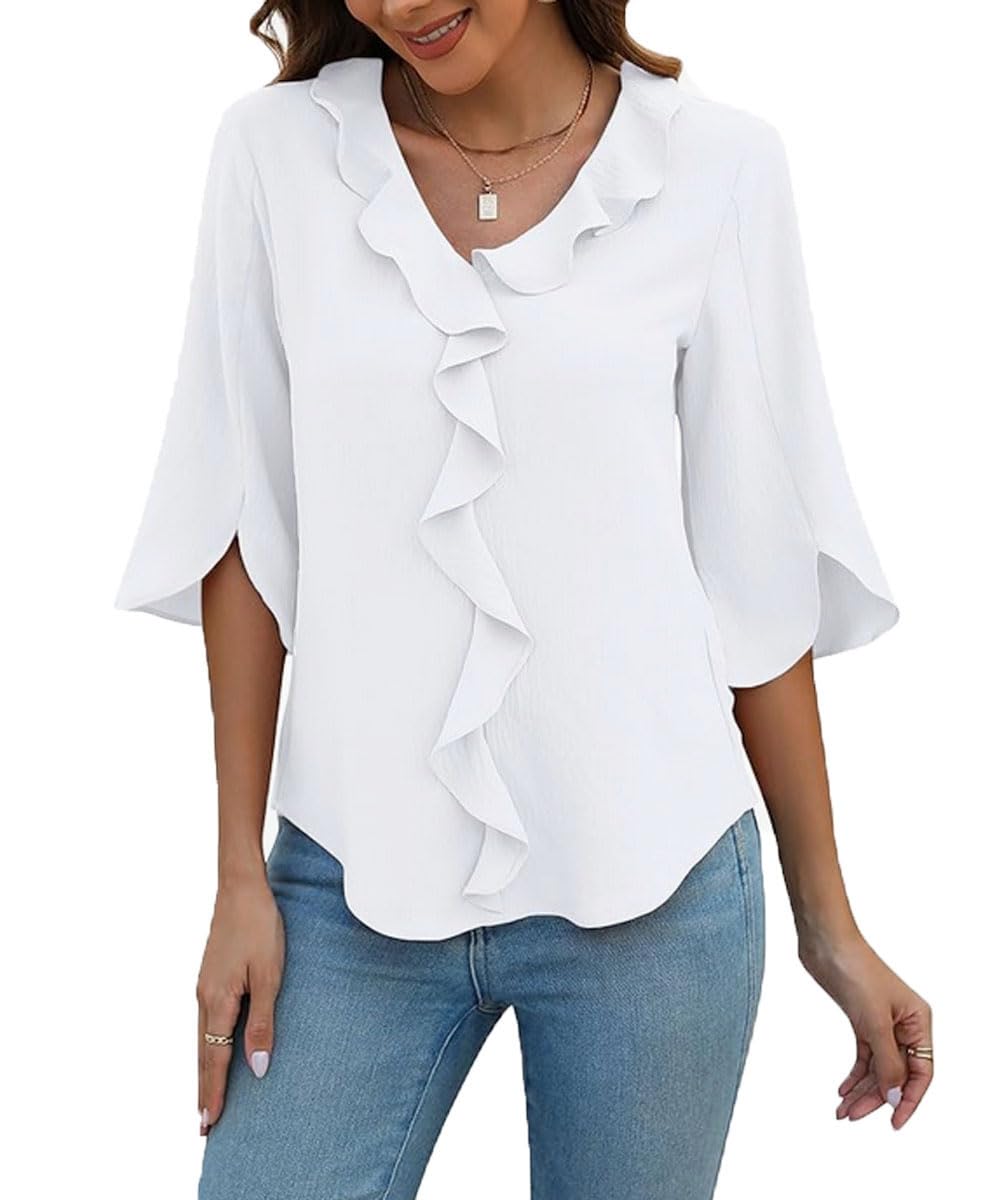 ABINGOO Damen Chiffon Bluse V-Ausschnitt Rüschensaum Loose Tunika 3/4-Ärmeln Elegant Tops Business Einfarbige Oberteile Pullover