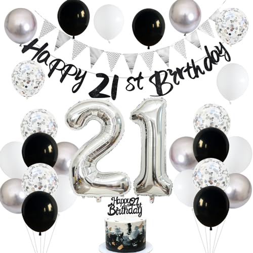 Image of 21st Birthday Decorations for Him Her, Happy 21st Birthday Banner with Black Silver White 21st Birthday Balloons Birthday Cake Topper Number 21 Foil Balloon for Men Women 21 Year Old Party Decoration