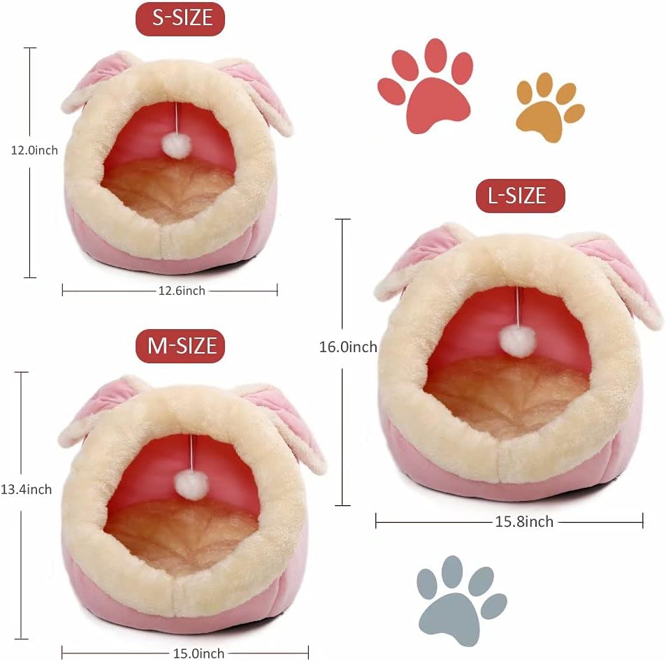 Cat Beds for Indoor Cats - Small Dog Bed with Anti-Slip Bottom, Rabbit-Shaped Cat/Small Dog Cave with Hanging Toy, Puppy Bed with Removable Cotton Pad, Super Soft Calming Pet Sofa Bed (Pink Medium)