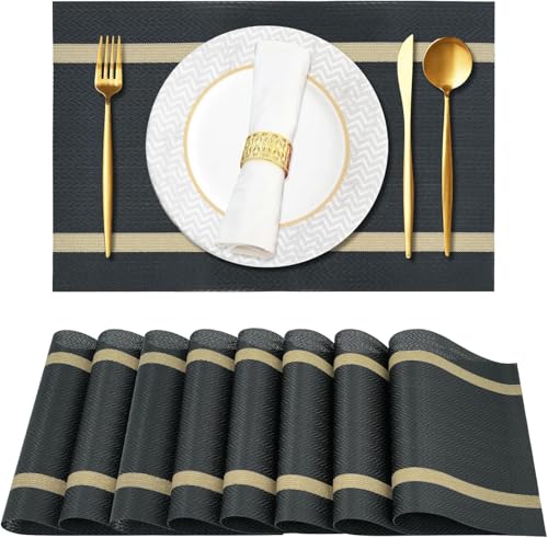 Image of Placemats Set of 6 Dining Table Place Mats | Placemats Table Mat PVC Material | Non-Slip Heat Resistant | Dining Tablemates Washable Anti-Skid | Size 45 x 30cm (A* Black)
