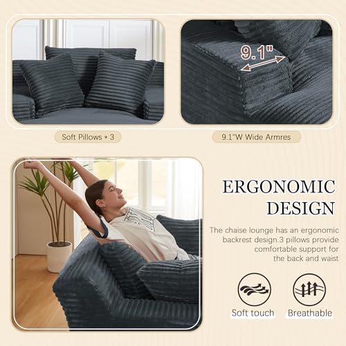 Image of 80 Inch Chaise Lounge Chair Indoor, Oversized Corduroy Upholstered Boneless Sofa Bed, Deep Seat Sleeper Couch Reading Chairs, Cloud Sofas Couches for Living Room, No Assembly Required (Dark Grey)