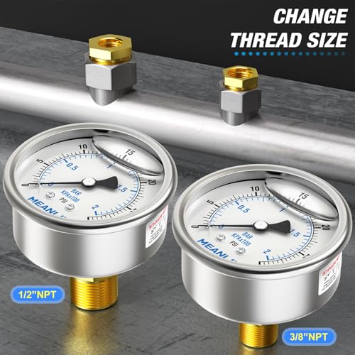 Image of MEANLIN MEASURE 0~30Psi Stainless Steel 1 /4 inch NPT 2.5 inch FACE DIAL Liquid Filled Pressure Gauge WOG Water Oil Air Center Back Mount, with 1 /2 inch NPT and 3 /8 inch NPT Hex Bushing