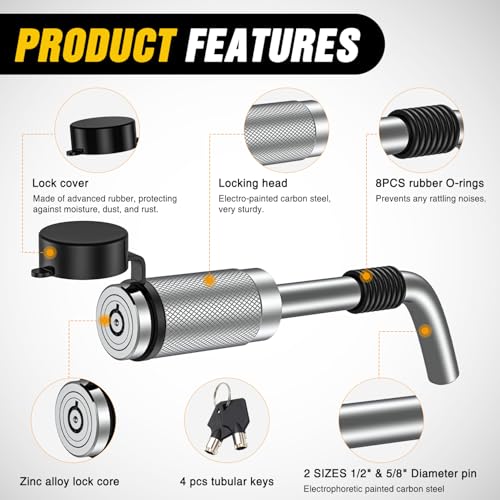 Image of Nilight Trailer Hitch Lock Pin 1 /2 inch & 5 /8 inch Locking Receiver Hitch Pin Keyed Unique Weatherproof Anti-Theft Lockable Fits 2 inch 2-1 /2 inch & 1-1 /4 inchReceiver Tow Truck Boat Bike Truck Silver