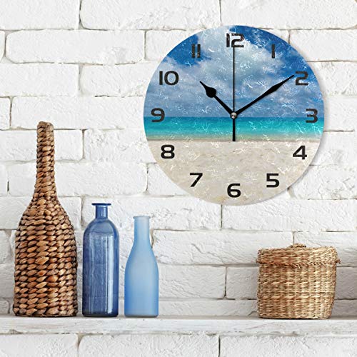 One Bear Beautiful Beach Wall Clock, Non Ticking Quartz Analog Silent Seashore Sea Ocean Blue Sky Round Clocks Battery Operated For Kitchen Bathroom Living Room Home Art Decor #TOP2