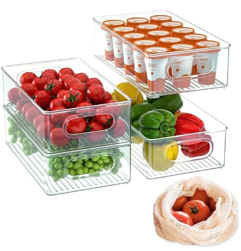 Fridge Organizer Set, Clear Stackable Storage Bins with Handles for Refrigerator Pantry Freezer Food Organizer, Plastic Kitchen Storage Boxes with Mesh Bags for Fruits and Vegetables